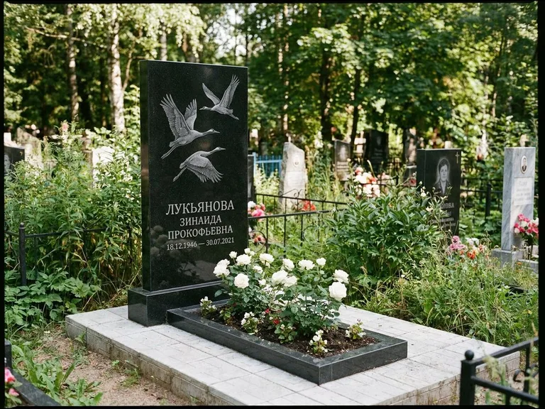 Памятник с гравировкой журавлей — гравировка журавлей, работа «Лукьянова» в Красноярске
