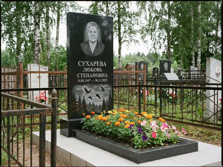 Памятник с гравировкой журавлей — гравировка силуэтов журавлей над еловым лесом, работа «Сухарева» в Красноярске