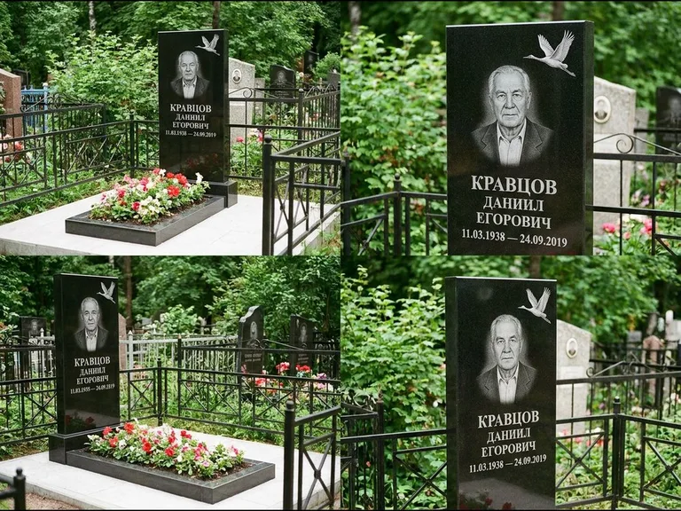 Памятник с гравировкой журавлей — белая гравировка клина журавлей, уходящего в верхний угол ст, работа «Кравцов» в Красноярске