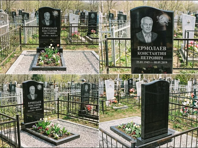 Памятник с гравировкой журавлей — гравировка клина журавлей на фоне солнечного диска, работа «Ермолаев» в Красноярске