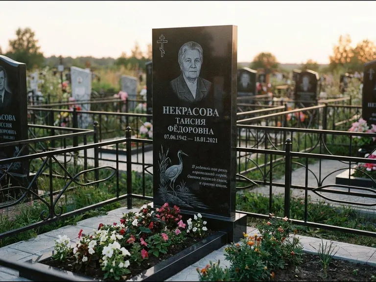 Памятник с гравировкой журавлей — гравировка журавля у камышей рядом с эпитафией, работа «Некрасова» в Красноярске