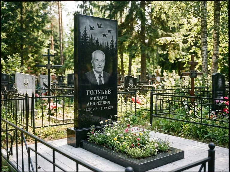 Памятник с гравировкой журавлей — гравировка силуэтов журавлей над еловым лесом, работа «Голубев» в Красноярске