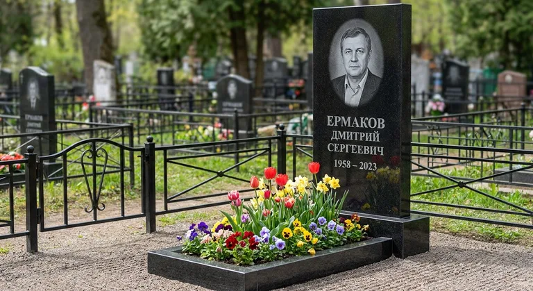 Памятник с цветником, Памятник из гранита, установленный мастерской «Мастер Каменев» на кладбище Новосибирска