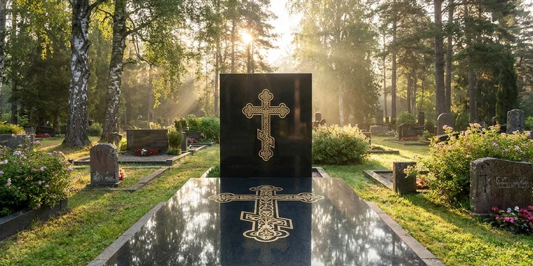 Гравировка креста на памятнике в Красноярске — православный восьмиконечный крест на граните