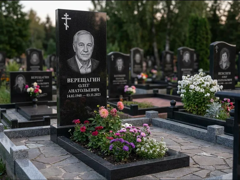 Памятник из чёрного гранита — горизонтальная плита-стела с православным восьмиконечным крестом, работа «Тихонов» в Красноярске