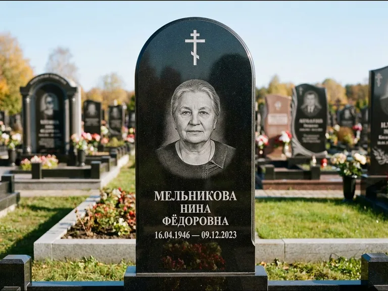 Памятник из чёрного гранита — стела с резным навершием с латинским крестом, работа «Савельева» в Красноярске