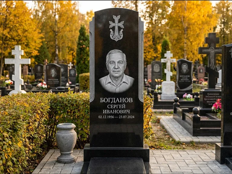 Памятник из чёрного гранита — круглая стела-медальон с армянским хачкаром, работа «Ковалёв» в Красноярске
