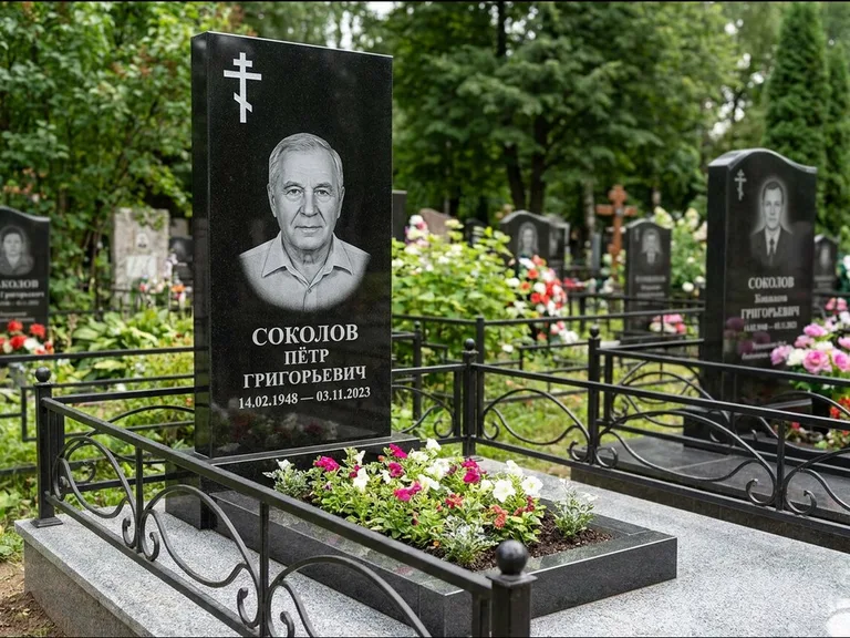 Памятник из чёрного гранита — стела с арочным верхом с православным восьмиконечным крестом, работа «Ковалёв» в Красноярске