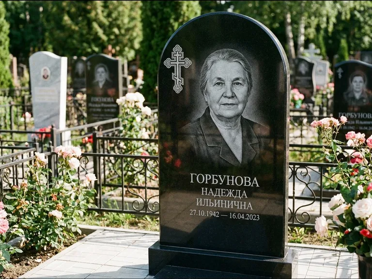 Памятник из чёрного гранита — стела с боковой колонной с крестом в лучах, работа «Мельникова» в Красноярске