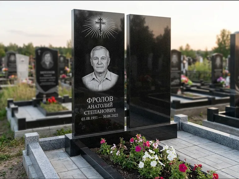 Памятник из чёрного гранита — стела на ступенчатом постаменте с золочёным крестом, работа «Богданов» в Красноярске