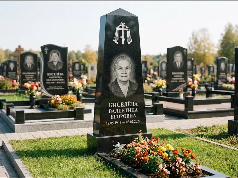 Памятник из чёрного гранита — стела со скошенным верхом с ажурным резным крестом, работа «Селезнёва» в Красноярске