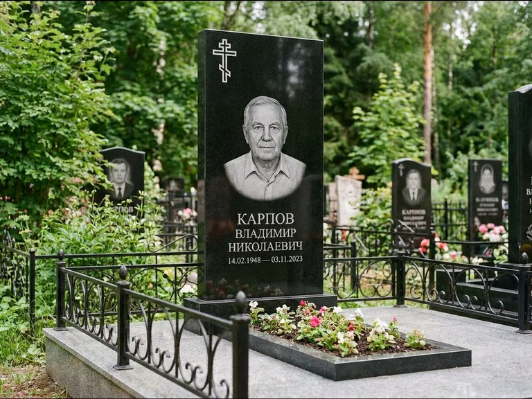 Памятник из чёрного гранита — узкая стела с ажурным крестом с православным восьмиконечным крестом, работа «Гущин» в Красноярске