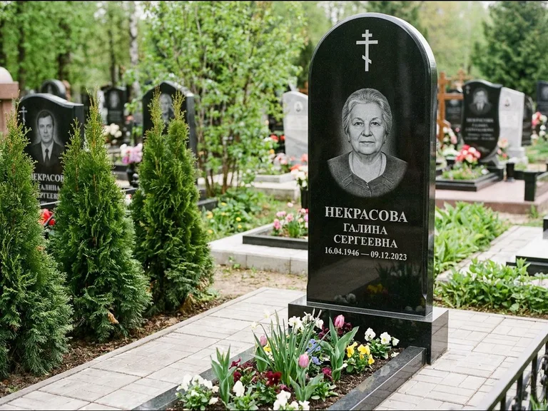 Памятник из чёрного гранита — стела с цветником-плитой с латинским крестом, работа «Лаврентьева» в Красноярске