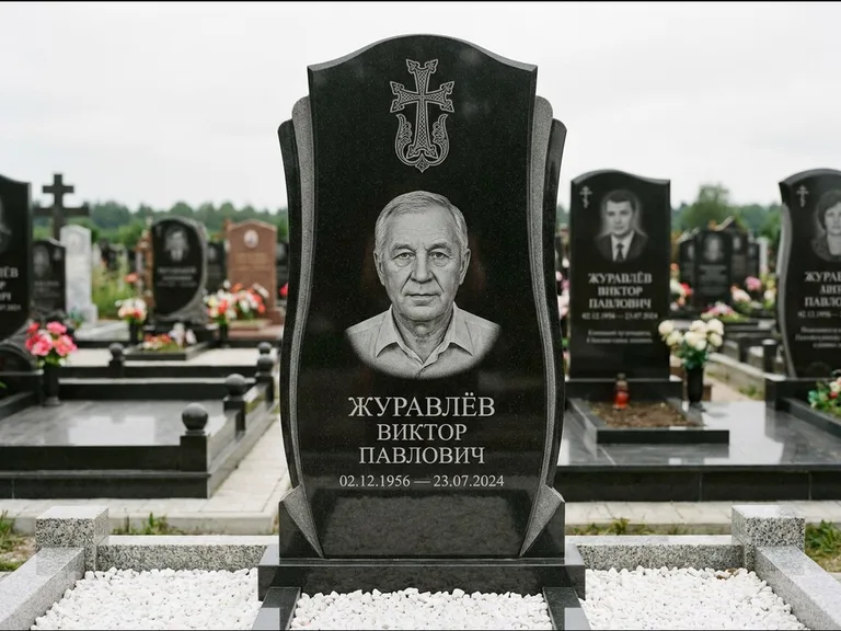 Памятник из чёрного гранита — панорамная стела с армянским хачкаром, работа «Тихонов» в Красноярске