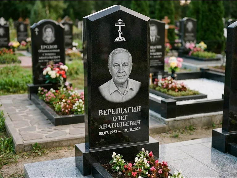 Памятник из чёрного гранита — обелиск-колонна с крестом на Голгофе, работа «Ковалёв» в Красноярске