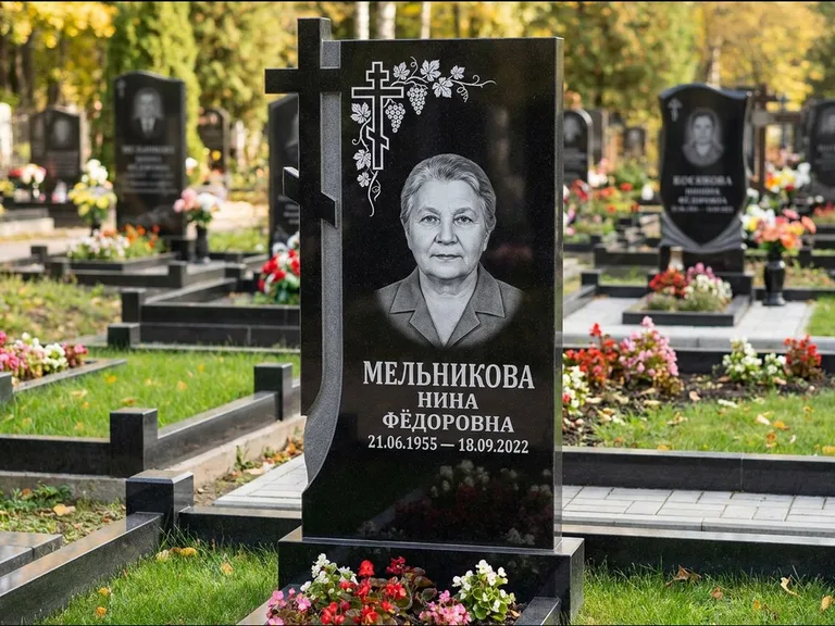 Памятник из чёрного гранита — стела с резной рамкой с крестом с распятием, работа «Некрасова» в Красноярске
