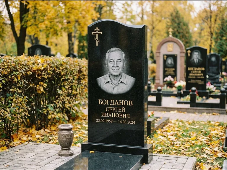 Памятник из чёрного гранита — стела с цветником с процветшим крестом с виноградной лозой, работа «Журавлёв» в Красноярске