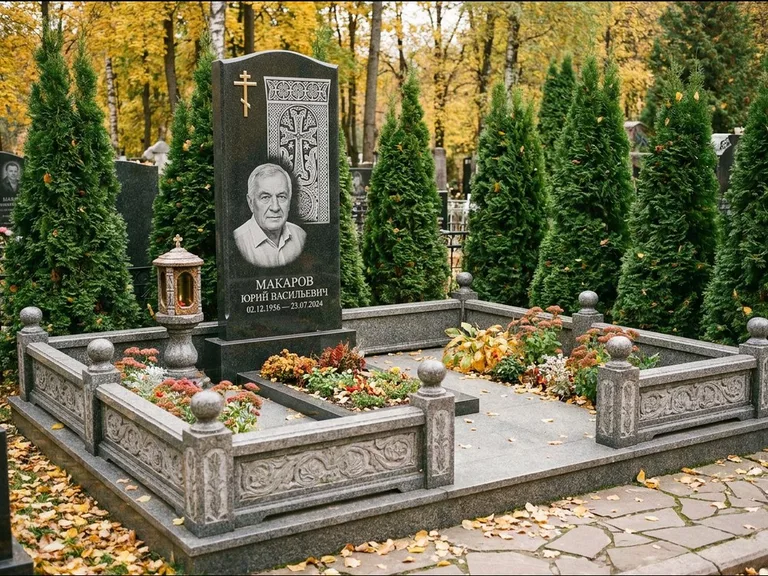 Памятник из чёрного гранита — стела с крестом и лампадой с армянским хачкаром, работа «Гущин» в Красноярске