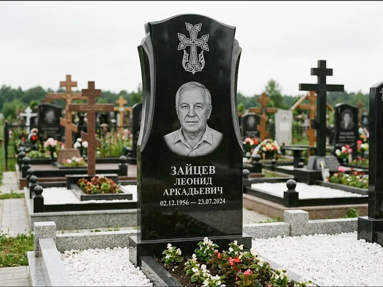 Памятник из чёрного гранита — семейная стела на двоих с армянским хачкаром, работа «Журавлёв» в Красноярске