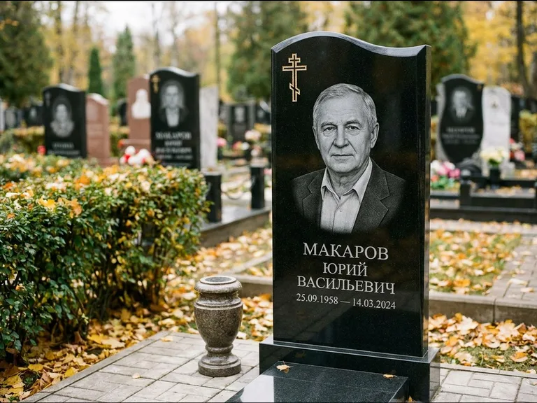Памятник из чёрного гранита — фигурная стела с киот-нишей с процветшим крестом с виноградной лозой, работа «Богданов» в Красноярске