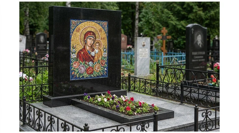 Мозаика на памятник в Красноярске — цветное панно из смальты на чёрной гранитной стеле