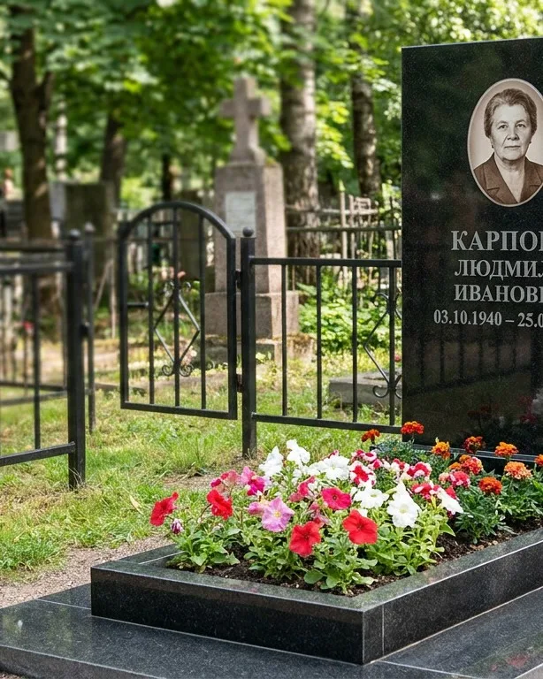 Памятник под ключ с низкой оградой и цветником в Красноярске