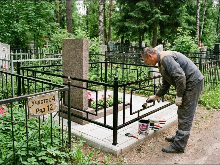 Покраска оградки на кладбище в Красноярске — мастер красит металлическую ограду на могиле чёрной эмалью