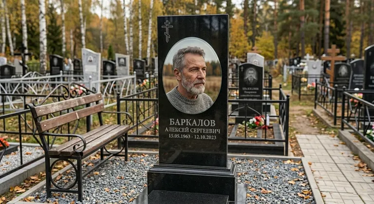 Овальный портрет на стекле на чёрной гранитной стеле в Красноярске