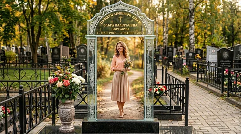 Портрет на стекле в форме арки на памятнике в Красноярске