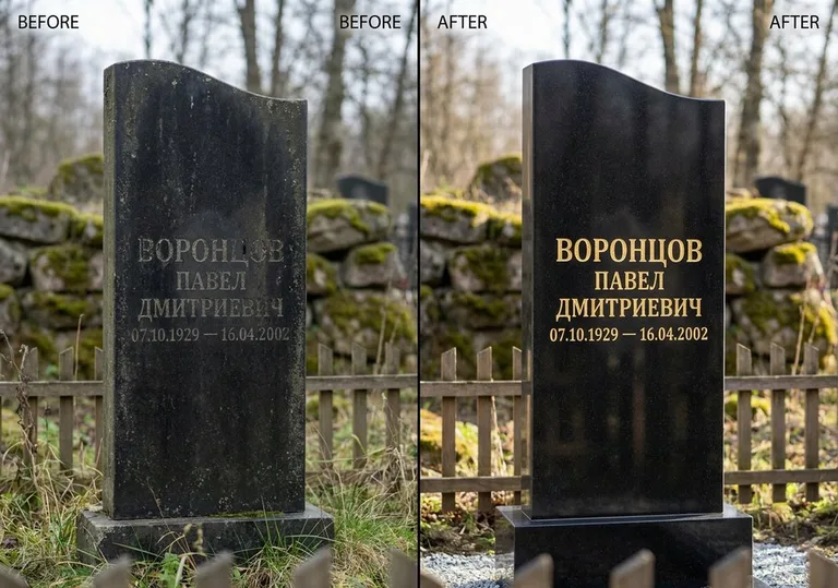 Золочение и обновление надписей на памятнике: до и после в Красноярске