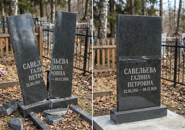 Склейка расколотого гранитного памятника: до и после в Красноярске