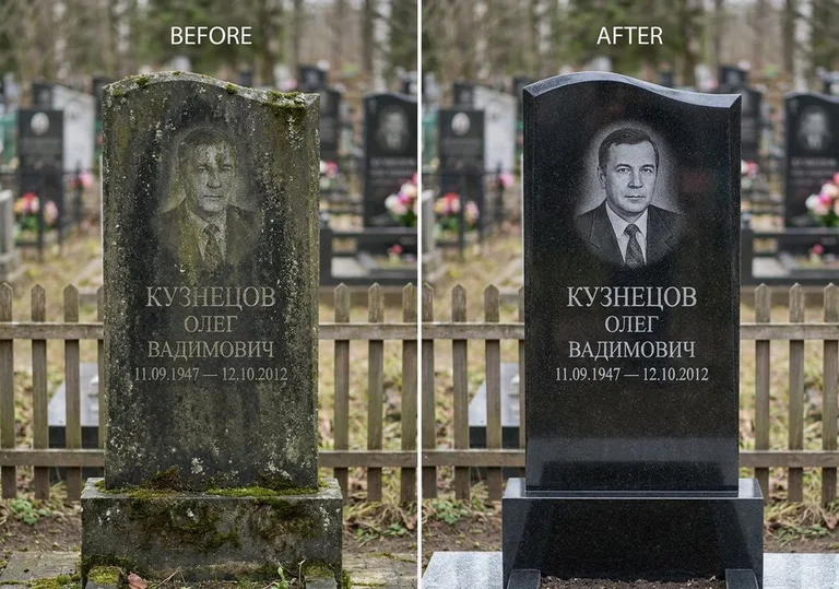 Реставрация гранитного памятника: до и после чистки и полировки в Красноярске