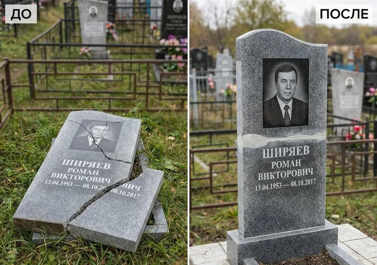 Обновление золочёных букв на граните: до и после в Красноярске