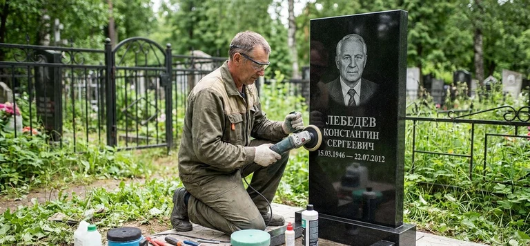 Реставрация памятника в Красноярске — восстановление гранита, заделка трещин и обновление надписей на кладбище