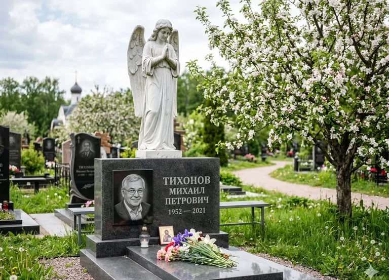 Мраморный молящийся ангел на гранитном памятнике весной в Красноярске