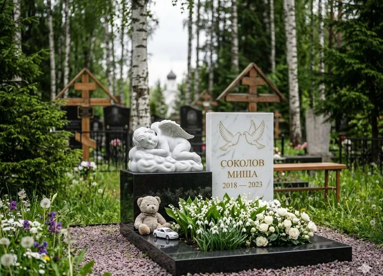 Белый ангелочек на детском памятнике в Красноярске