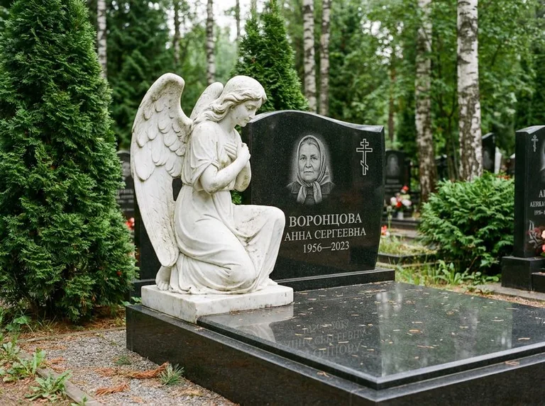Белый мраморный ангел на гранитном памятнике в Красноярске