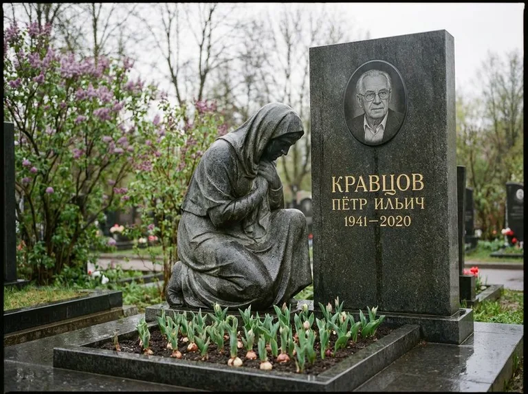 Гранитная скорбящая фигура у стелы на кладбище в Красноярске