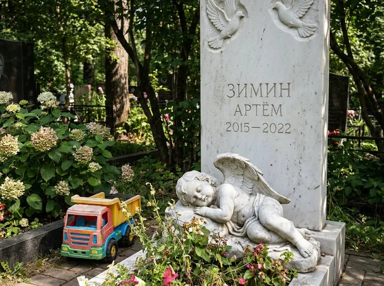Спящий ангелочек на детском памятнике в Красноярске