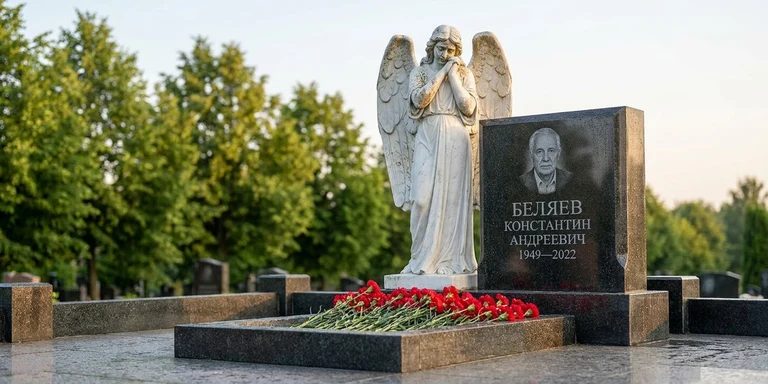 Скульптура на памятник в Красноярске — мраморный ангел на гранитном мемориале