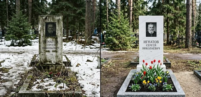 Диптих №6: высадка хризантем у подножия серого гранита — до и после уборки в Красноярске
