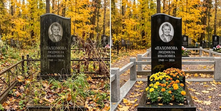 Уборка могилы до и после осенью — клёны в Красноярске