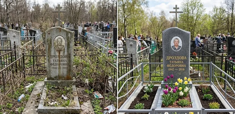 Диптих №4: свежепокрашенная серебром оградка и отмытый красный гранит — до и после в Красноярске