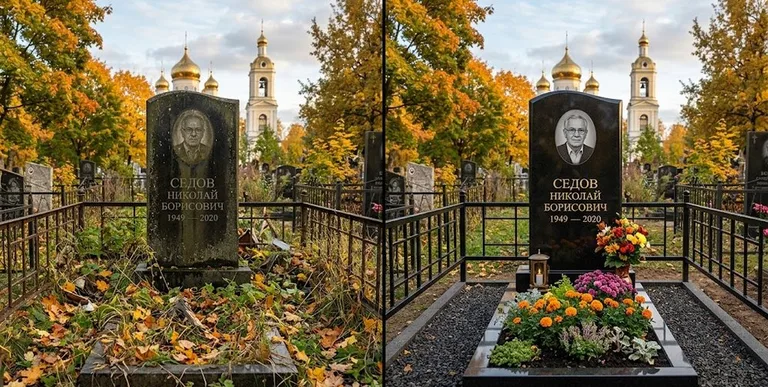 Уборка могилы до и после осенью — у церкви в Красноярске
