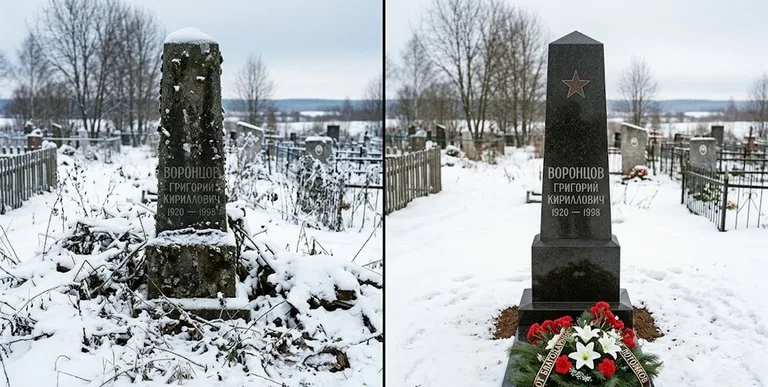 Уборка могилы до и после зимой — воинский обелиск в Красноярске