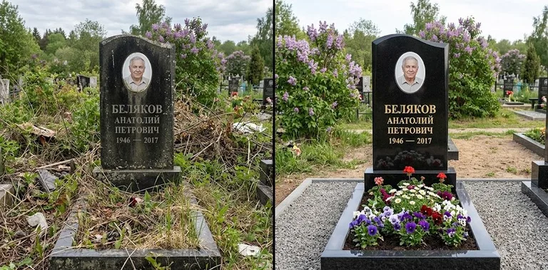Уборка могилы до и после весной — цветущая сирень в Красноярске
