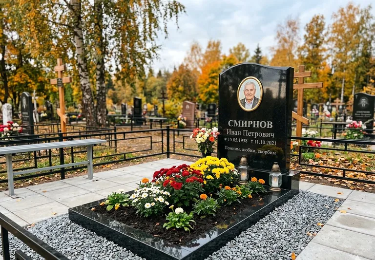 Ухоженная могила после уборки и мойки памятника в Красноярске