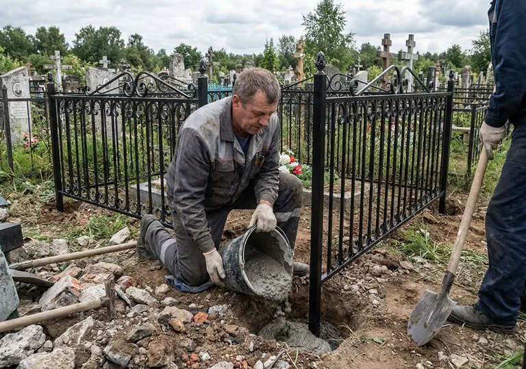 Установка ограды бетонированием ножек в грунт в Красноярске