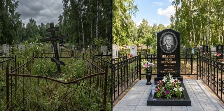 Благоустройство могилы до и после установки памятника в Красноярске