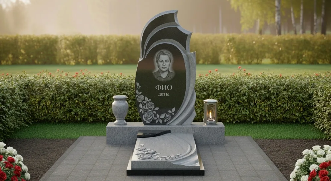 Памятник мужчине из чёрно-серого гранита, фигурная стела с портретом, гравировкой роз, ваза и лампада Памятник мужчине из чёрно-серого гранита, фигурная стела с портретом, гравировкой роз, ваза и лампада